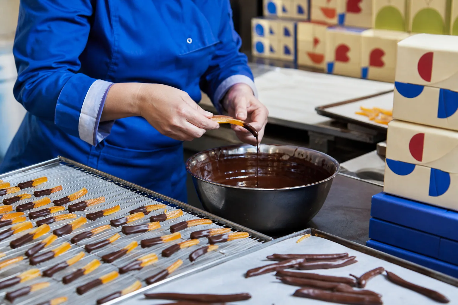 Des mains trempent des écorces d'orange dans le chocolat