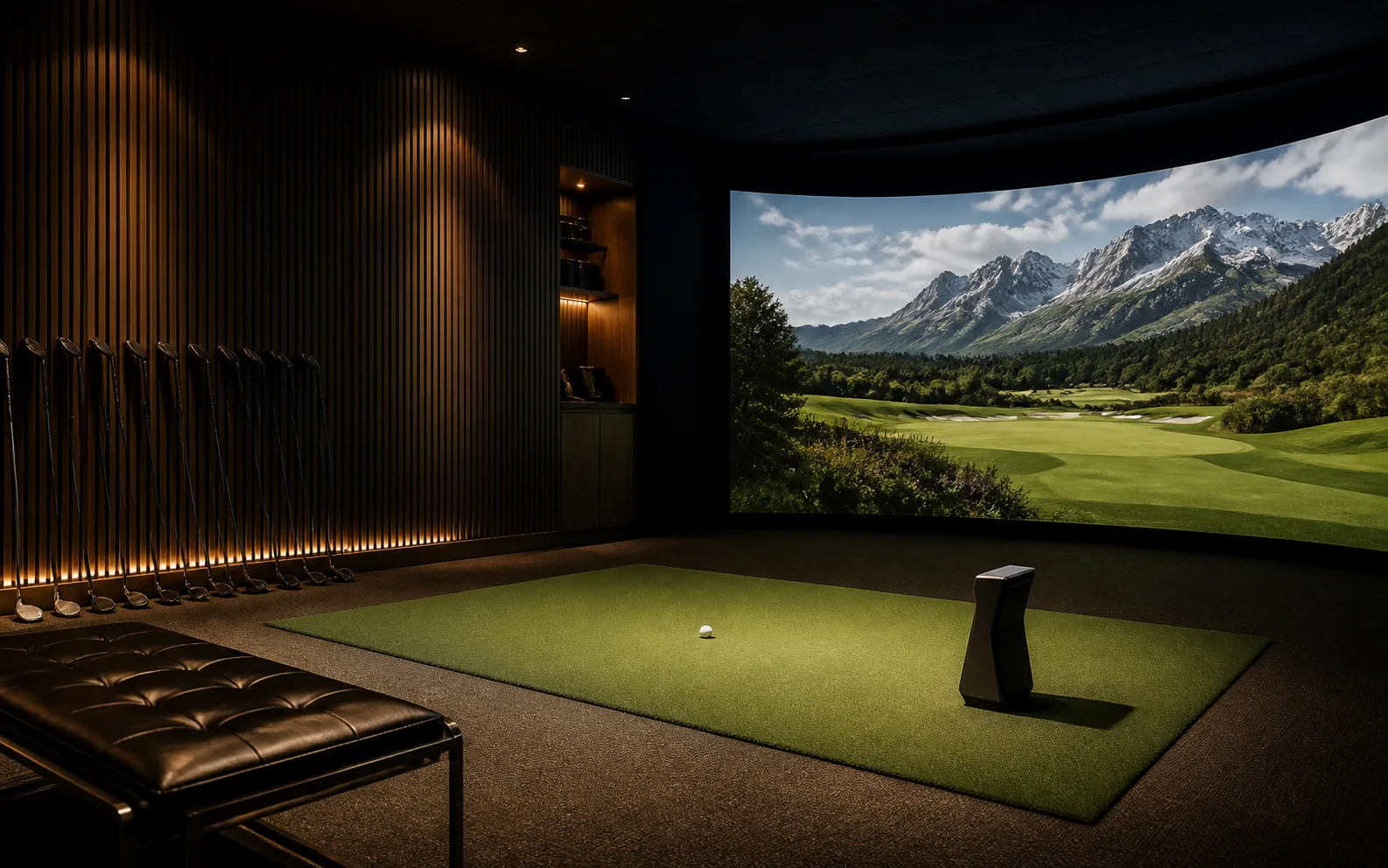 Studio indoor de golf avec écran de simulation