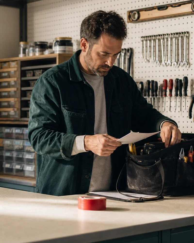 Artisan préparant une intervention au comptoir