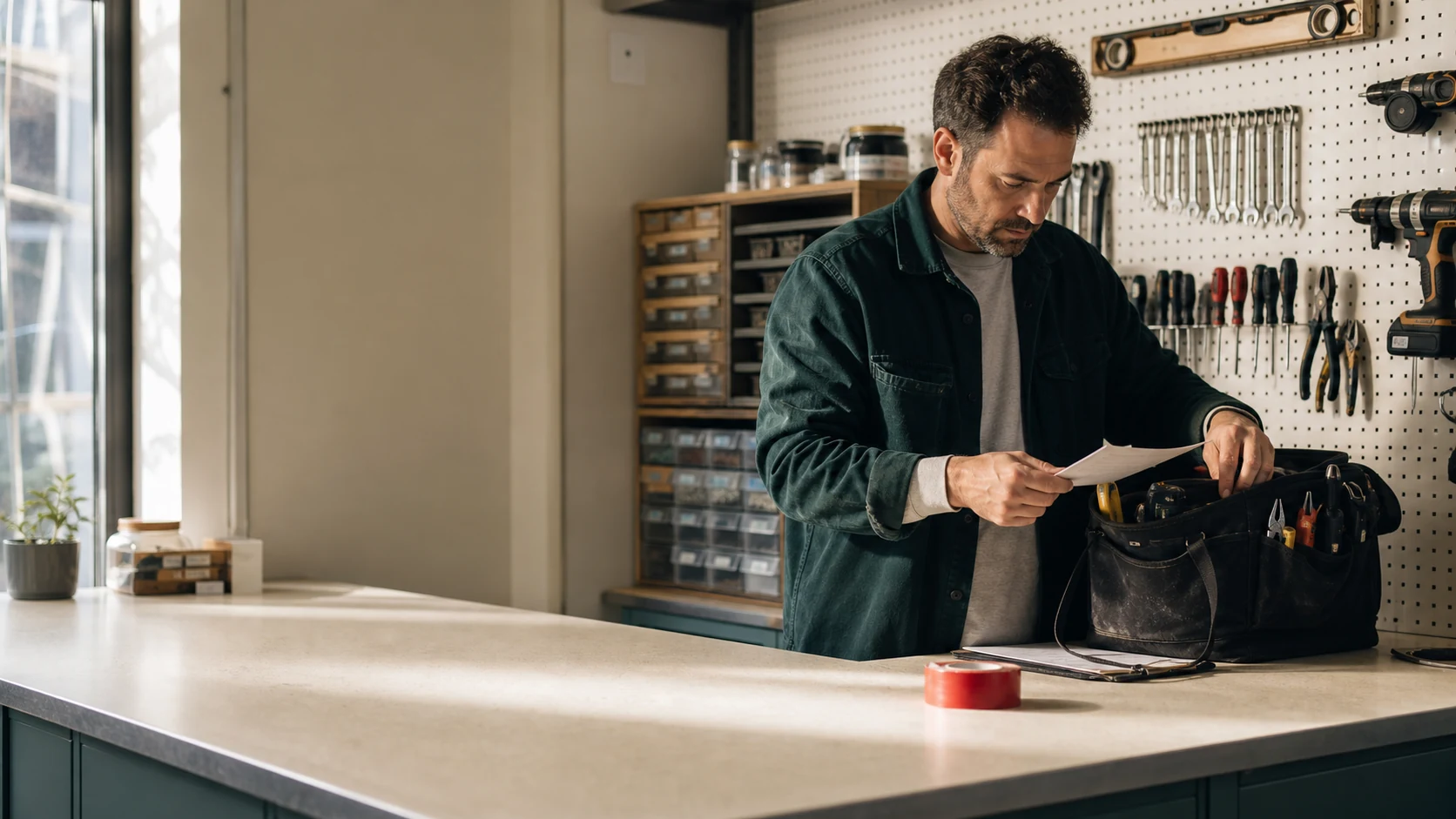 Artisan préparant son sac dans un comptoir de petits travaux