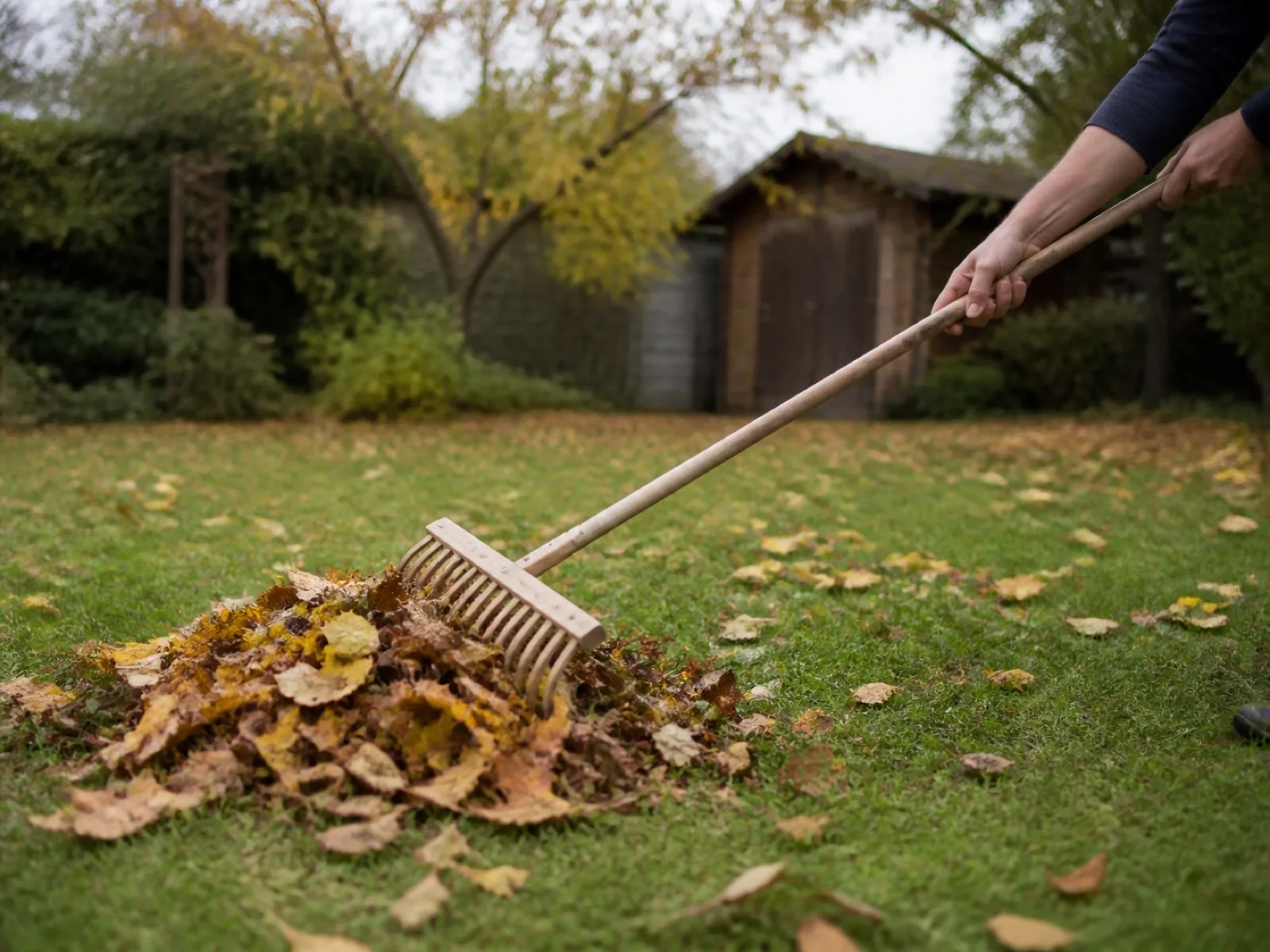 Feuilles rassemblées sur une pelouse