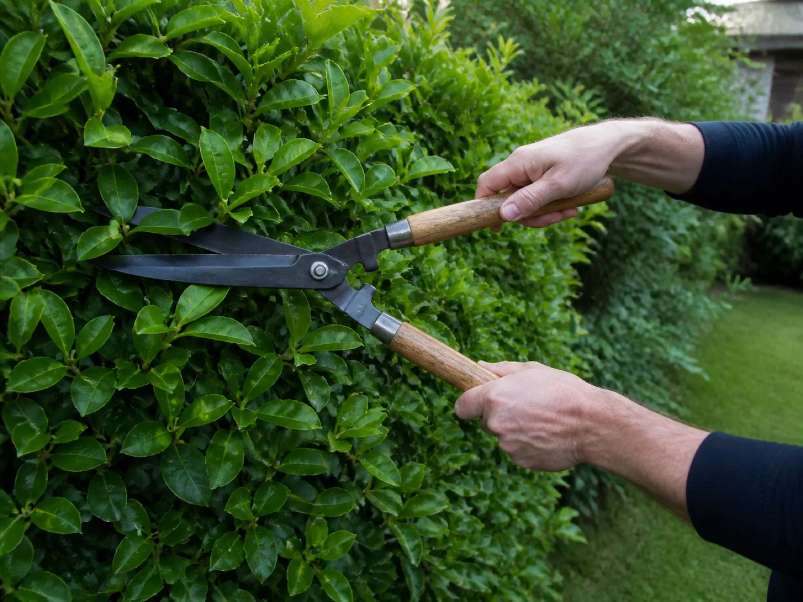 Mains taillant avec précision une haie entretenue