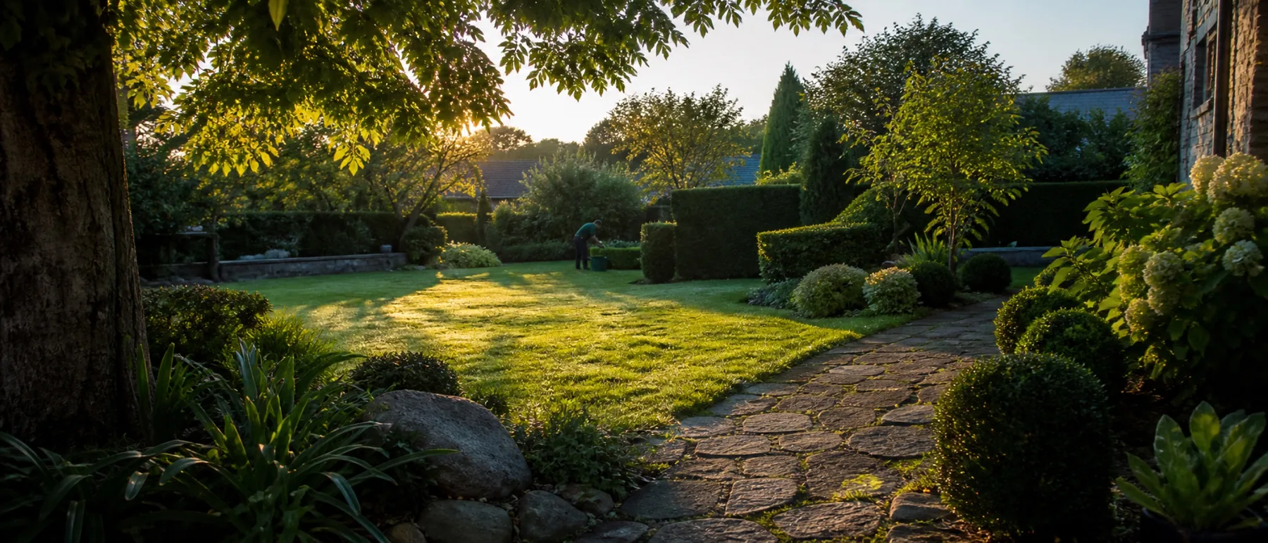 Jardin entretenu au soleil rasant, végétation naturelle et structurée