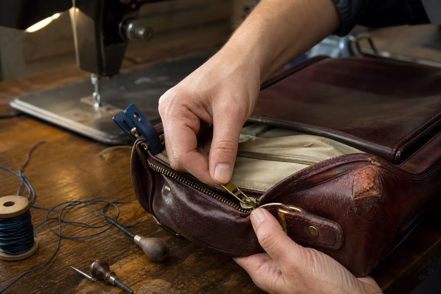 Réparation du zip d’un sac en cuir