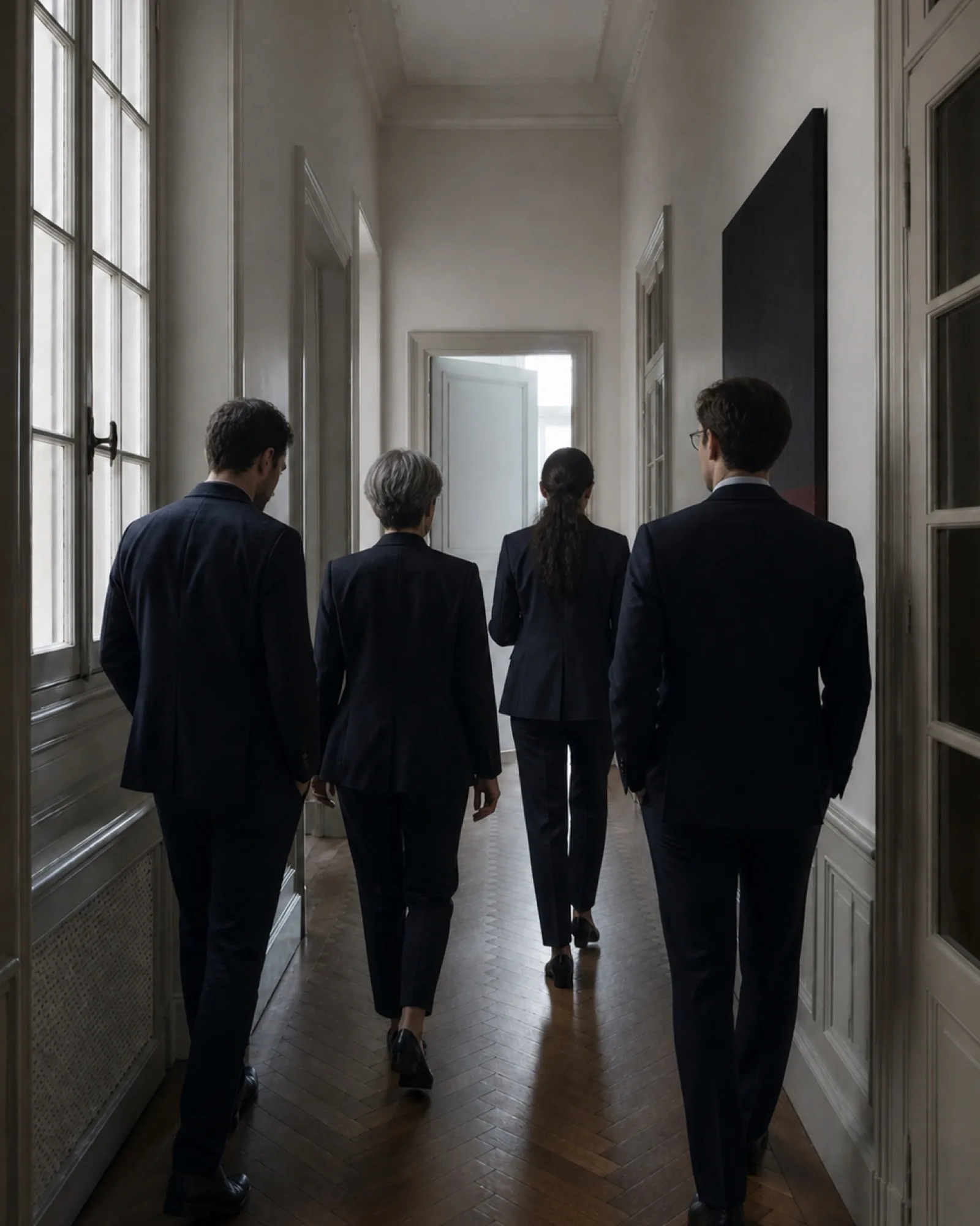 L’équipe de l’étude, de dos, dans le couloir