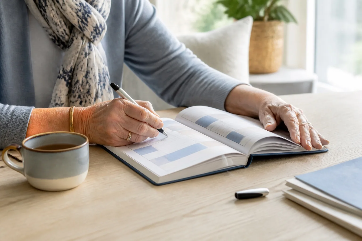 Carnet de liaison ouvert avec planning lisible et tasse de thé