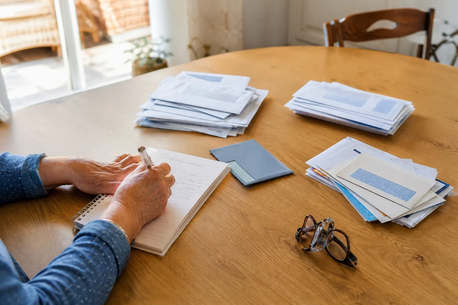 Courriers classés sur une table avec carnet et stylo