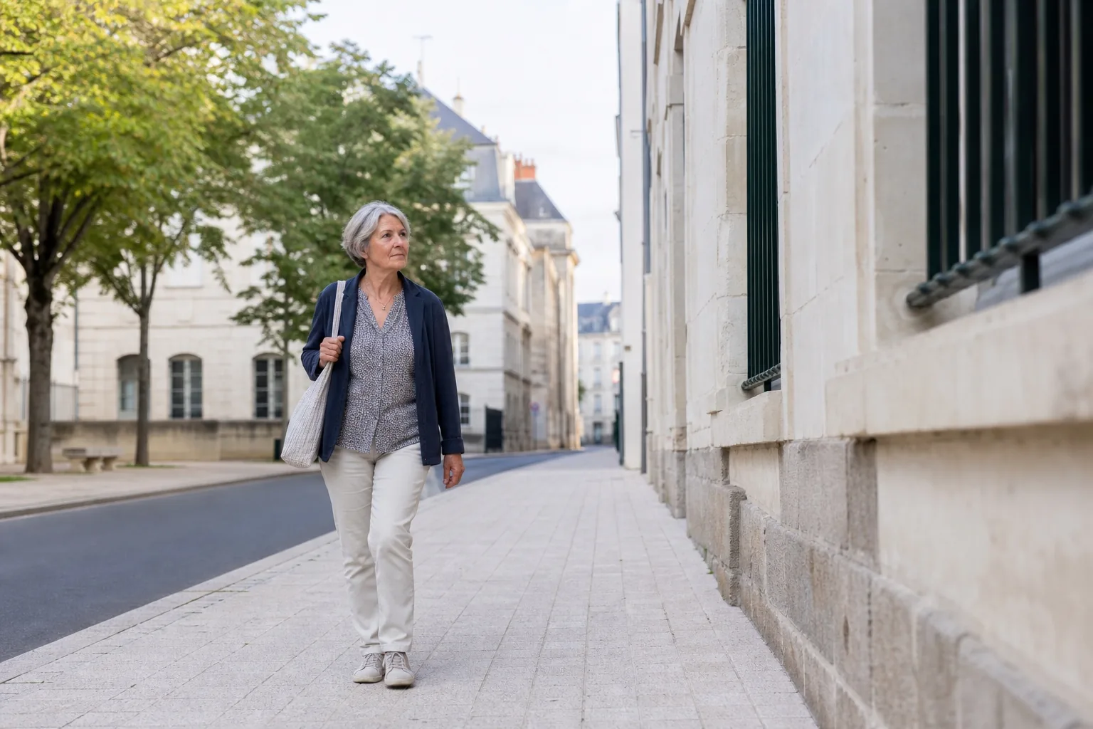 Senior marchant dans une rue calme de Tours