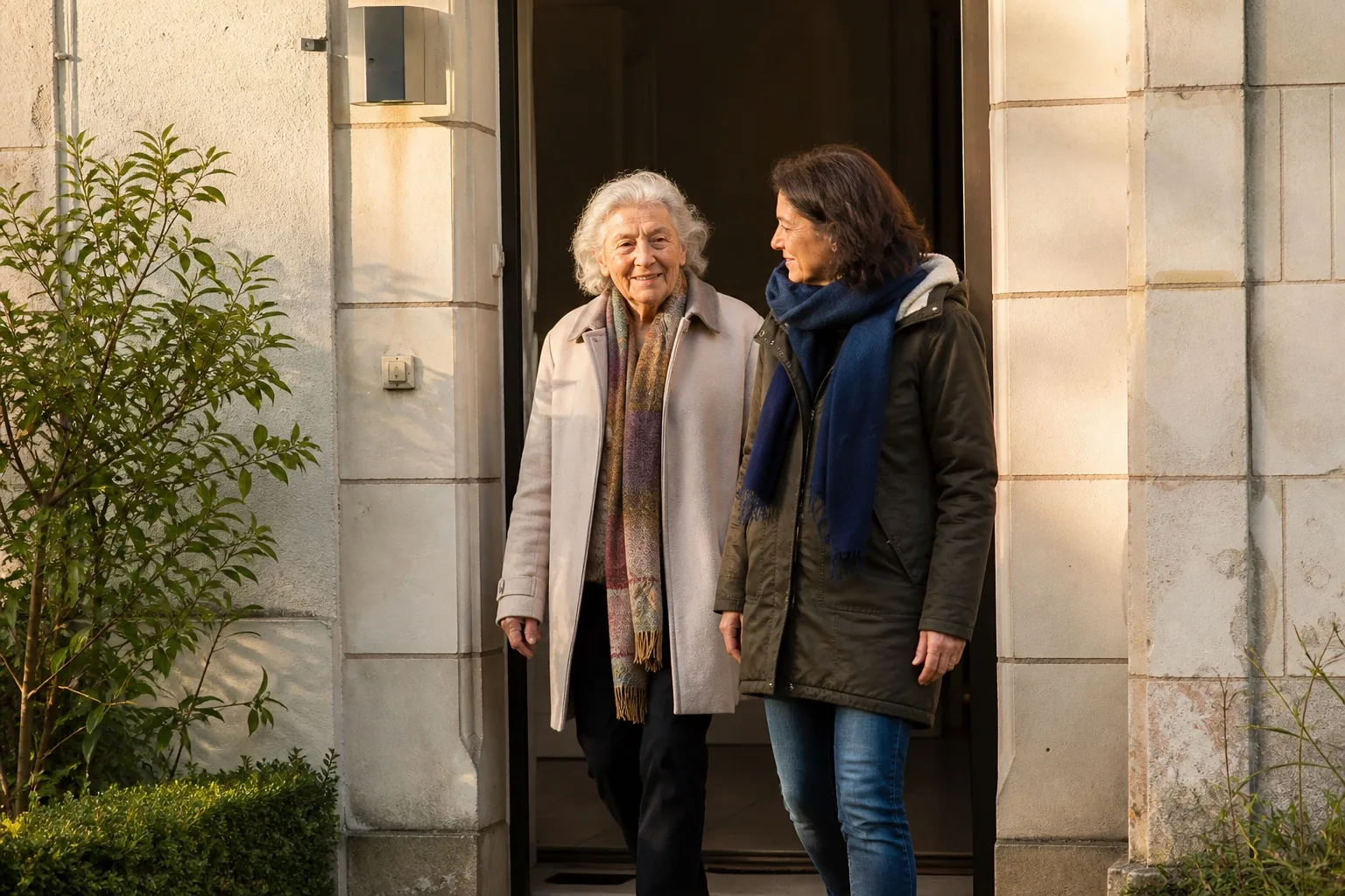 Deux personnes adultes quittant un domicile pour un rendez-vous