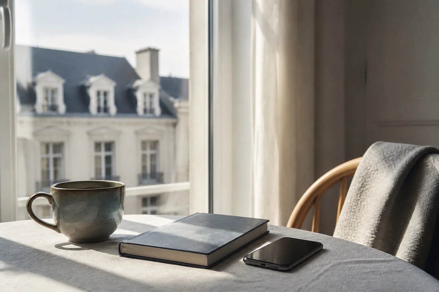 Tasse et carnet près d’une fenêtre dans une maison habitée