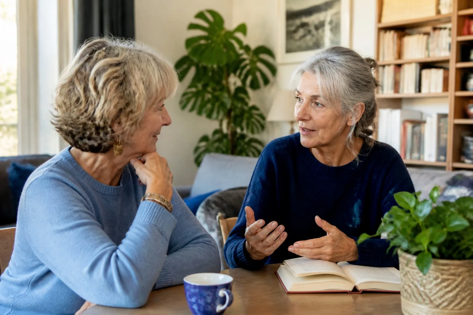 Conversation détendue autour d’une table dans un intérieur habité