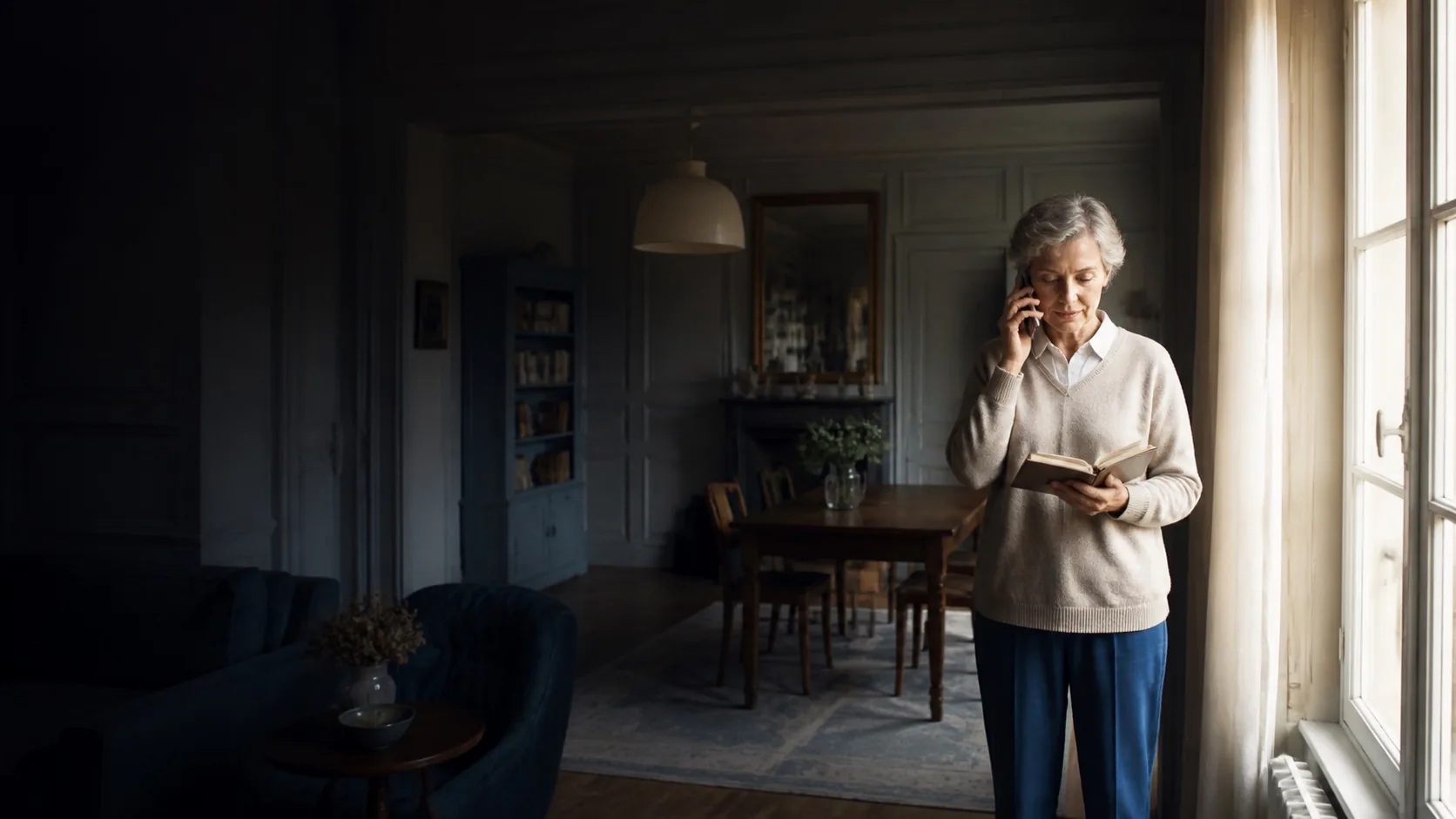 Senior active échangeant par téléphone dans un intérieur tourangeau lumineux