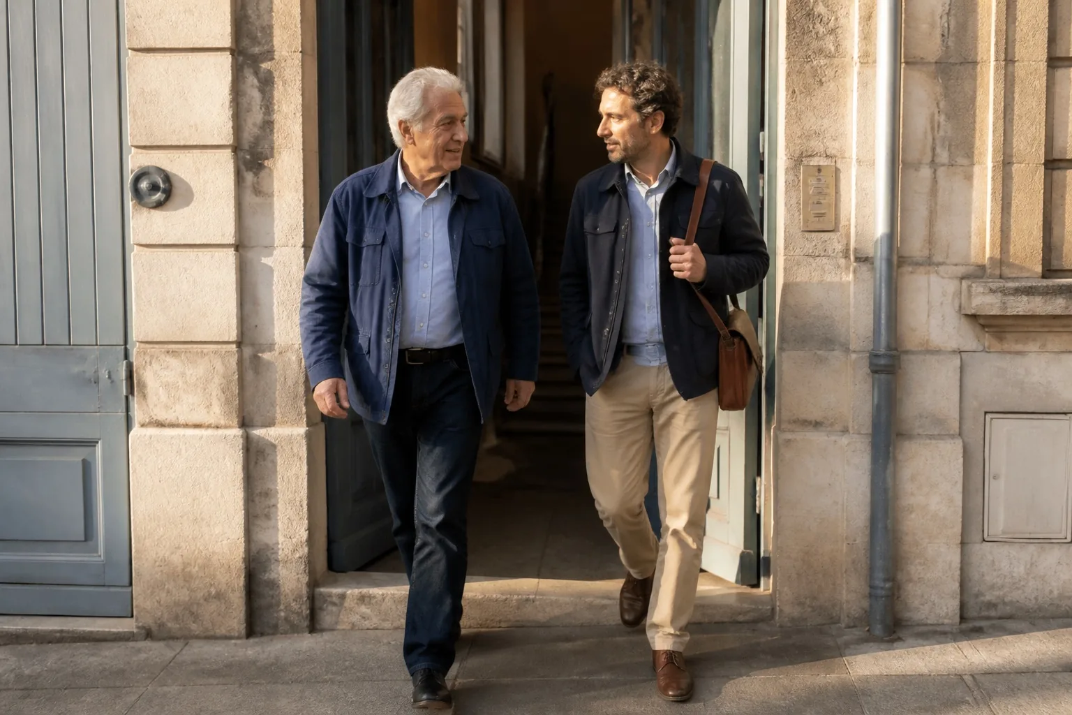Accompagnante et senior quittant ensemble un domicile pour un rendez-vous