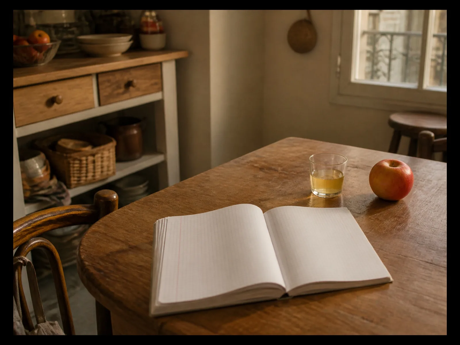 Coin de table de cuisine avec un cahier ouvert