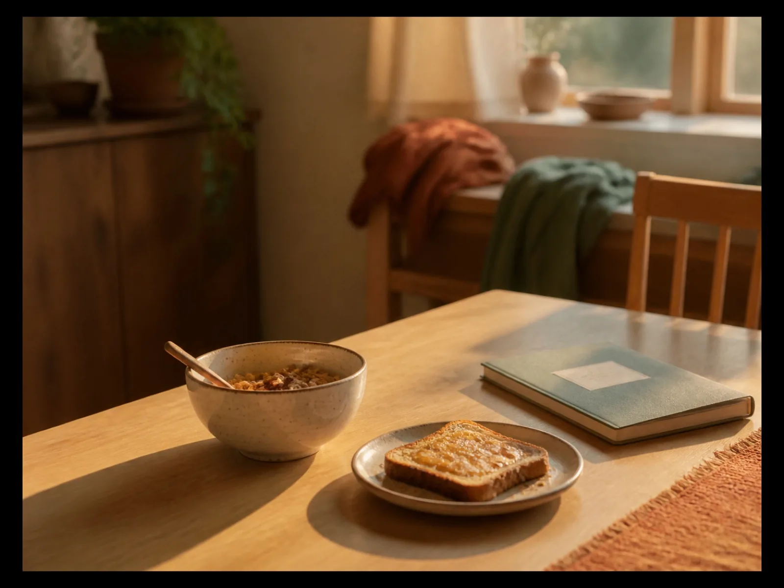 Bol de céréales et tartine sur une table en bois clair