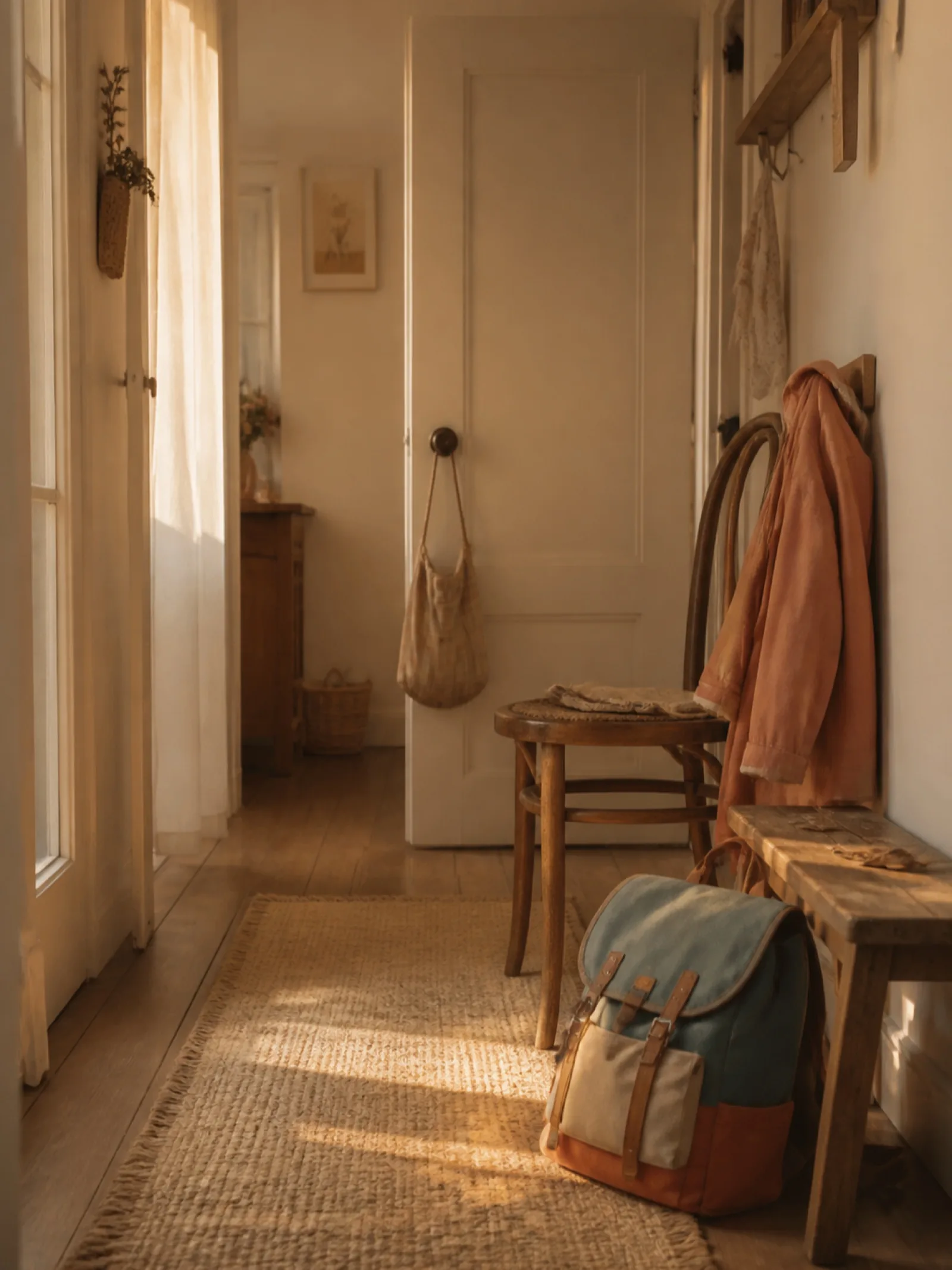 Couloir d’entrée en fin d’après-midi, cartable posé