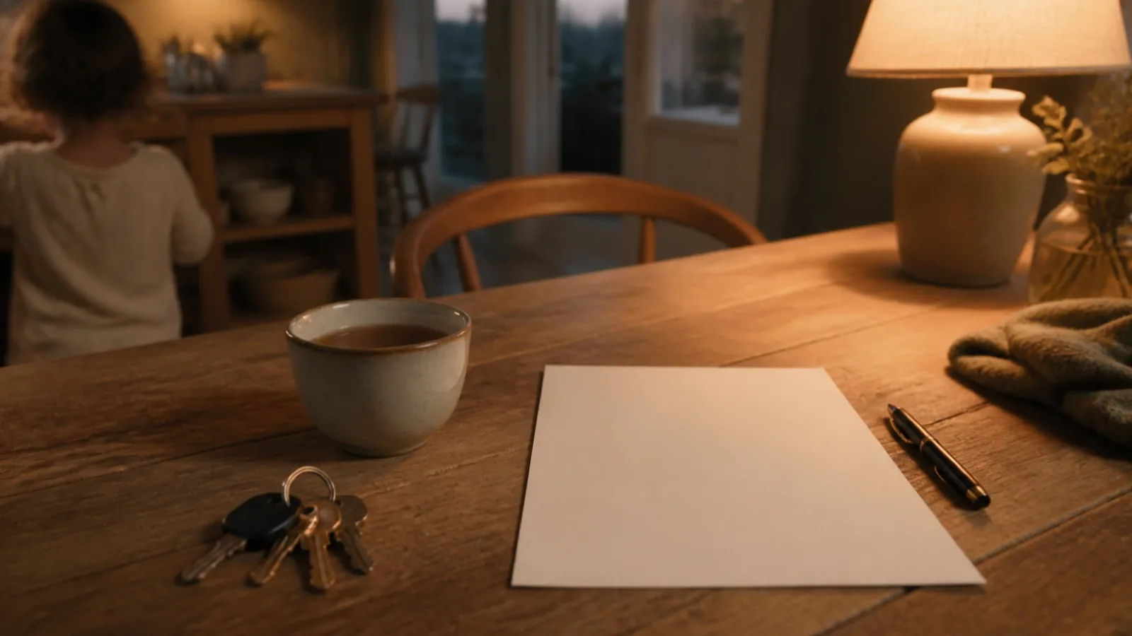 Table de cuisine le soir, une feuille et un stylo près d’une tasse