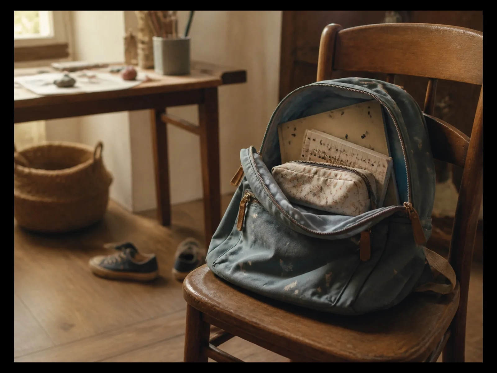 Cartable ouvert posé sur une chaise