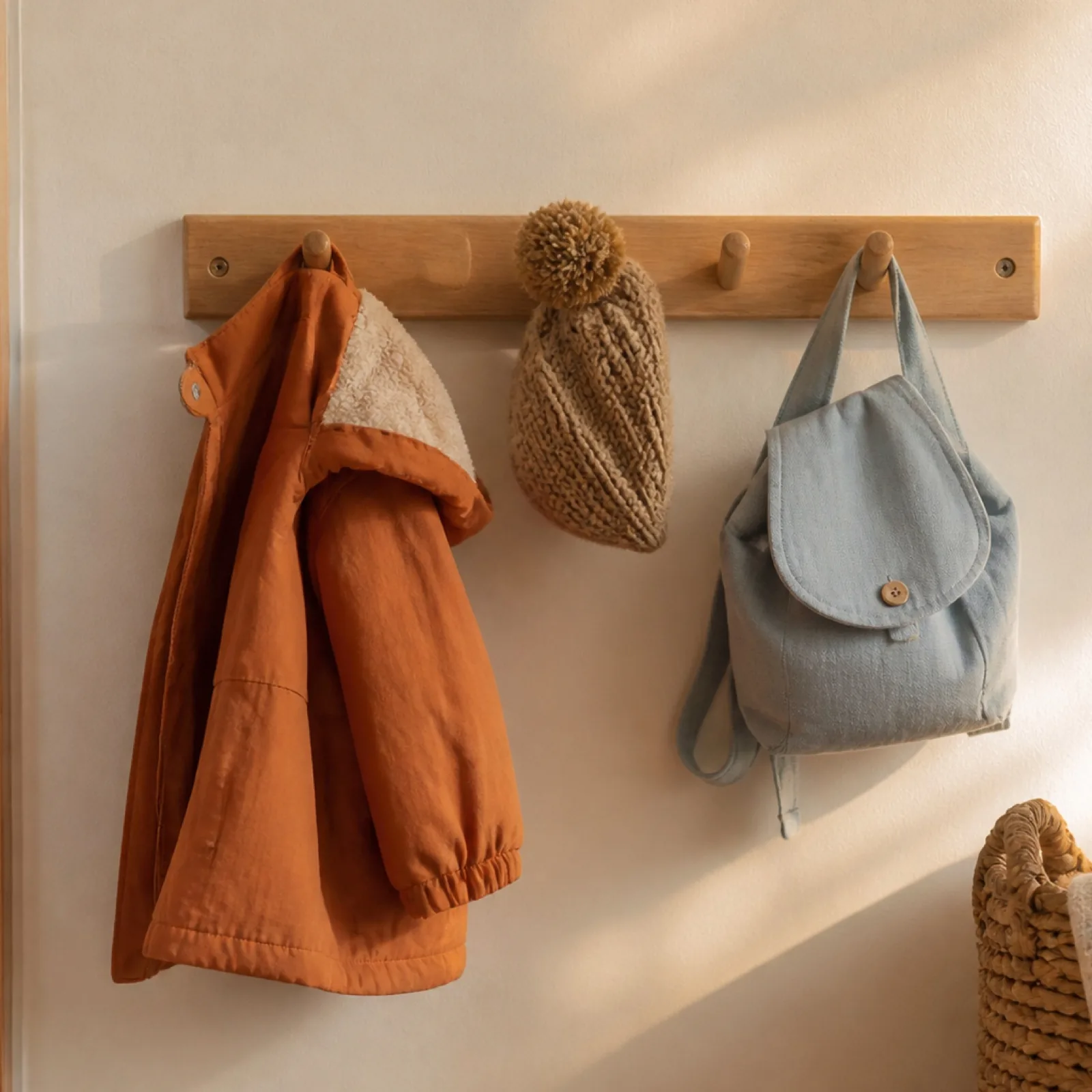 Portemanteau à hauteur d’enfant avec un manteau et un bonnet