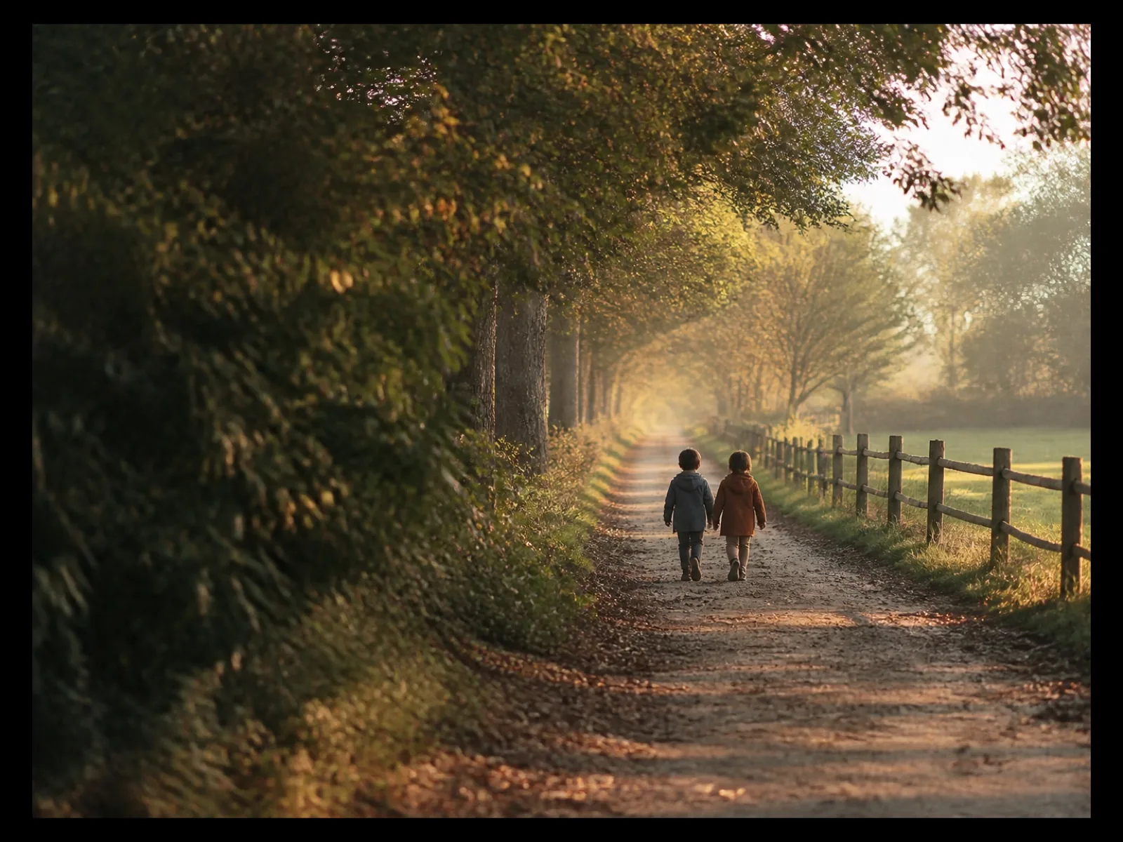 Deux enfants de dos sur un chemin bordé d’arbres