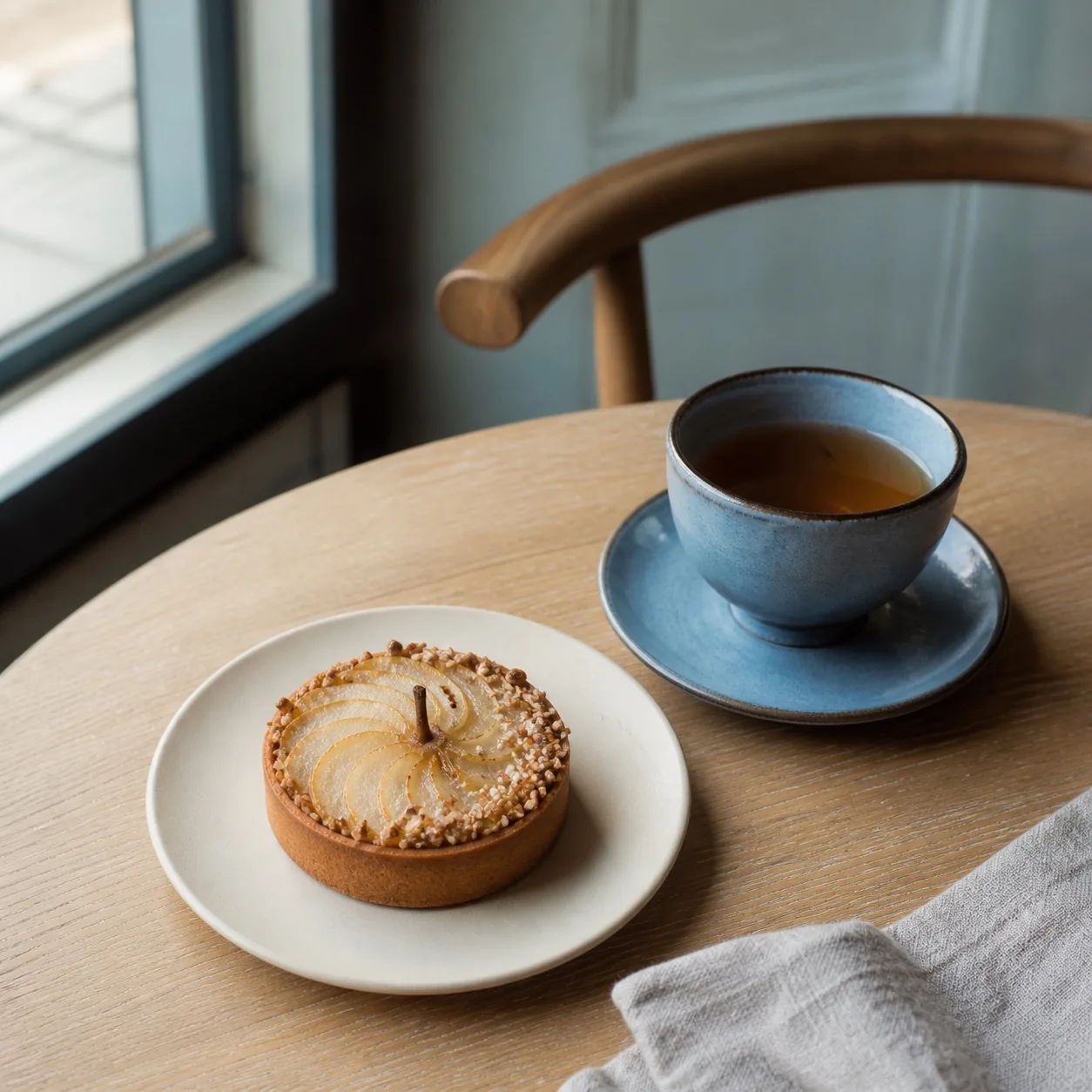 Tarte poire et tasse de thé bleu