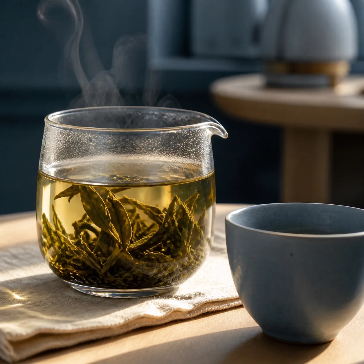 Feuilles déployées dans un infuseur en verre