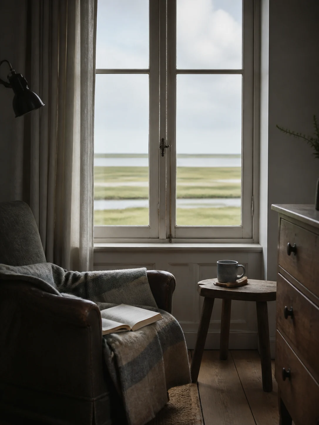 Fauteuil de lecture près d’une haute fenêtre