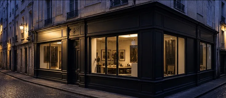 Façade sombre d’un atelier d’encadrement à Tours