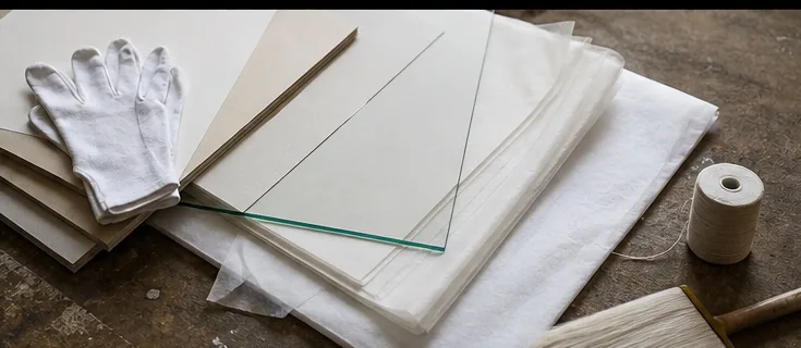 Matériaux de conservation et gants blancs sur un établi