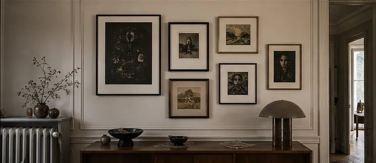 Mur de salon composé de plusieurs œuvres encadrées
