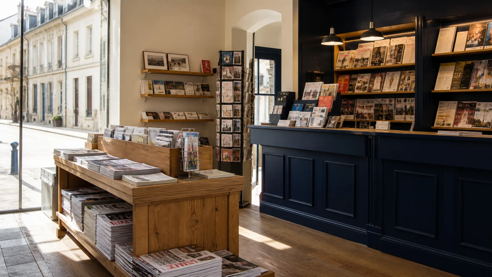 Intérieur lumineux d’un commerce de presse fictif