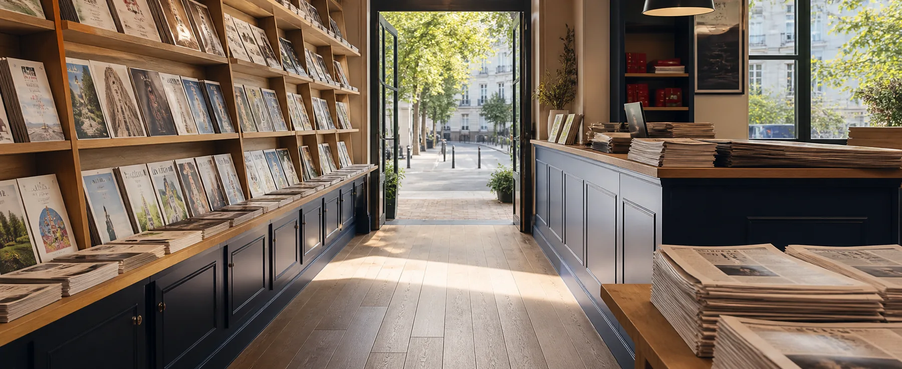 Allée centrale du kiosque ouverte sur une rue arborée