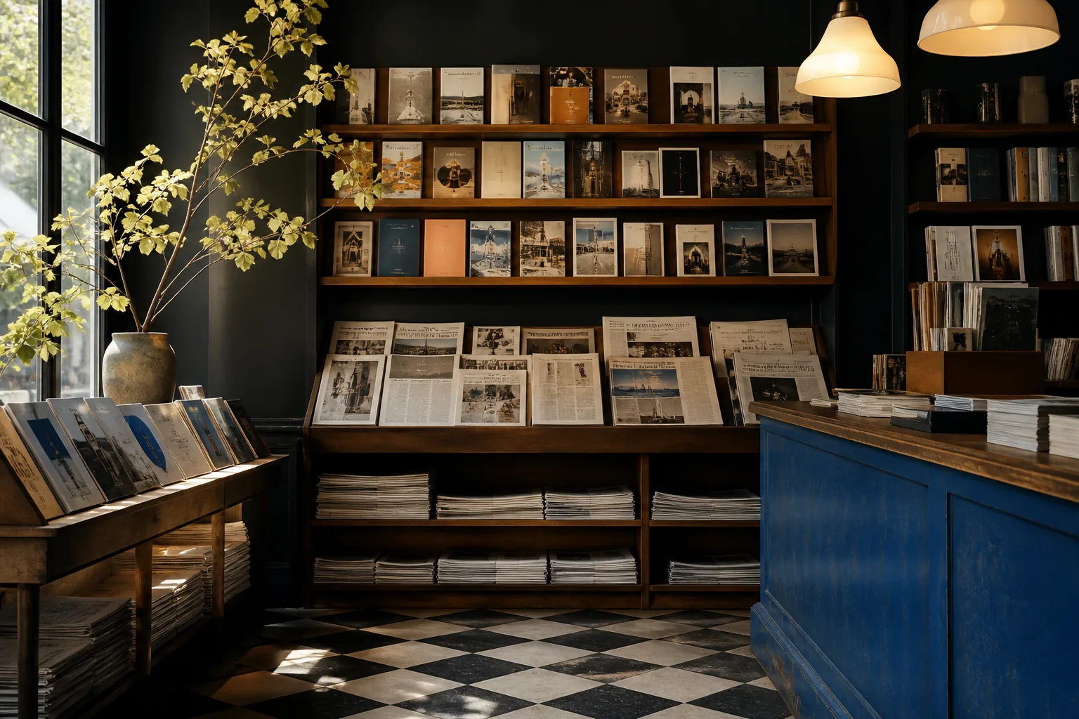 Intérieur chaleureux et fictif du kiosque, entre presse et papeterie