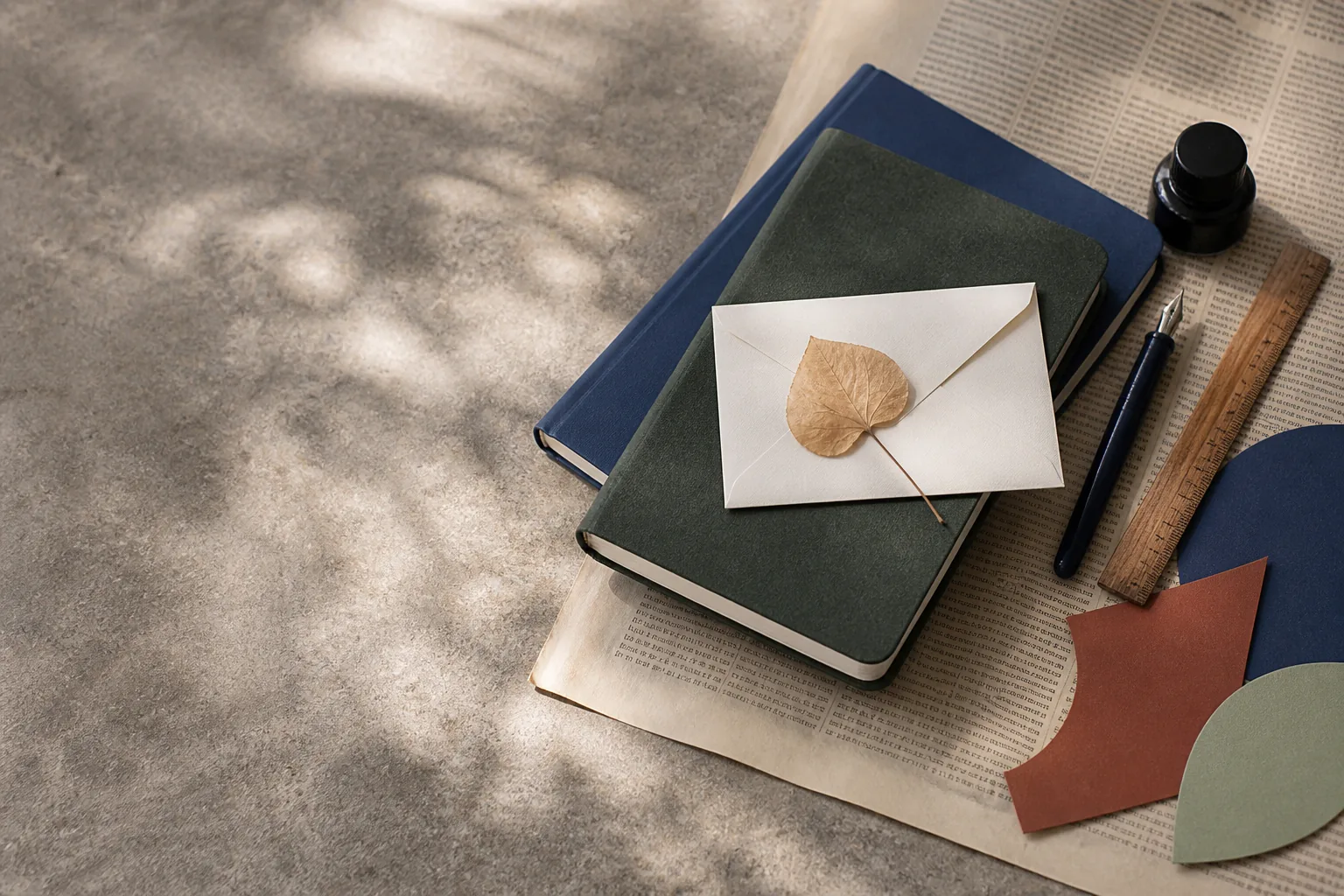 Carnets, papier et crayons disposés dans une composition éditoriale