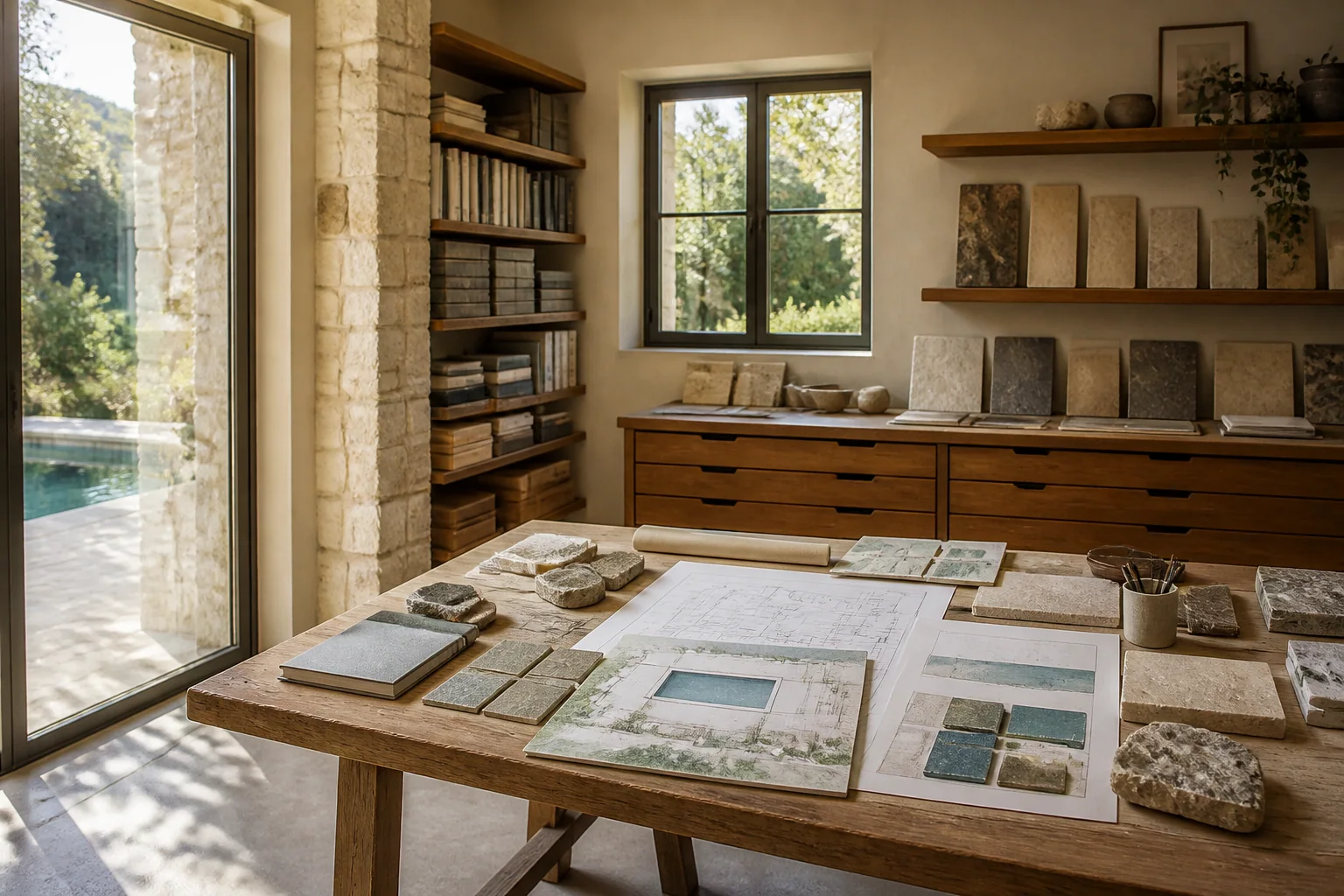 Studio de conception avec plans et échantillons de matériaux