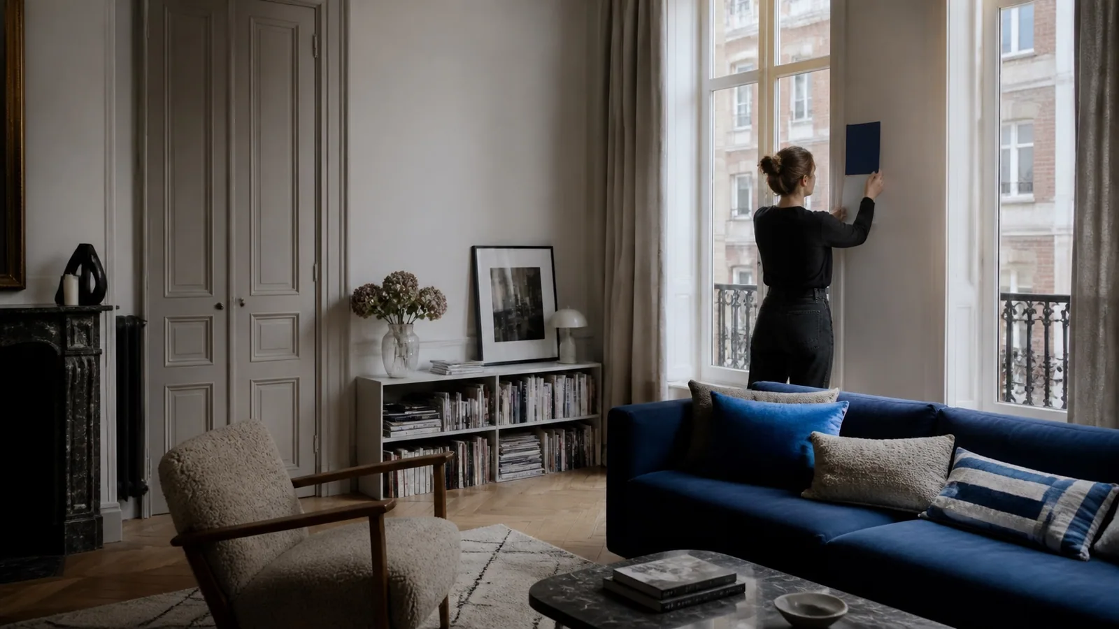 Décoratrice choisissant une nuance dans un salon lillois