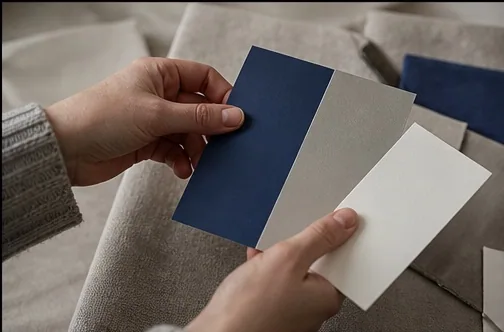 Échantillons de peinture bleu, grège et blanc