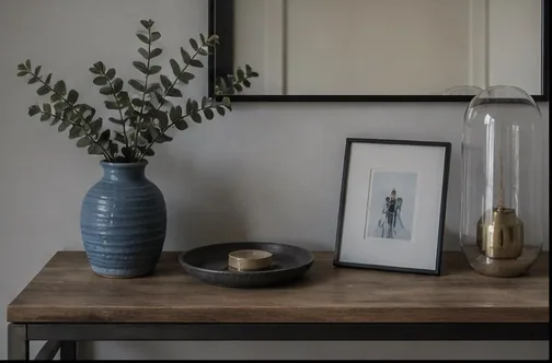 Console avec objets personnels et vase bleu