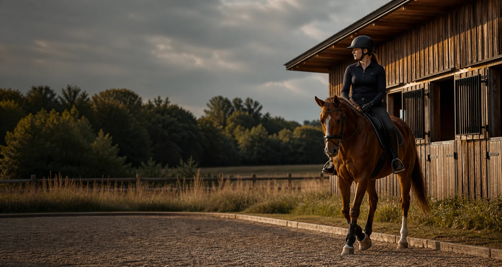 Une cavalière et son cheval marchent au bord de la carrière dans la lumière du soir