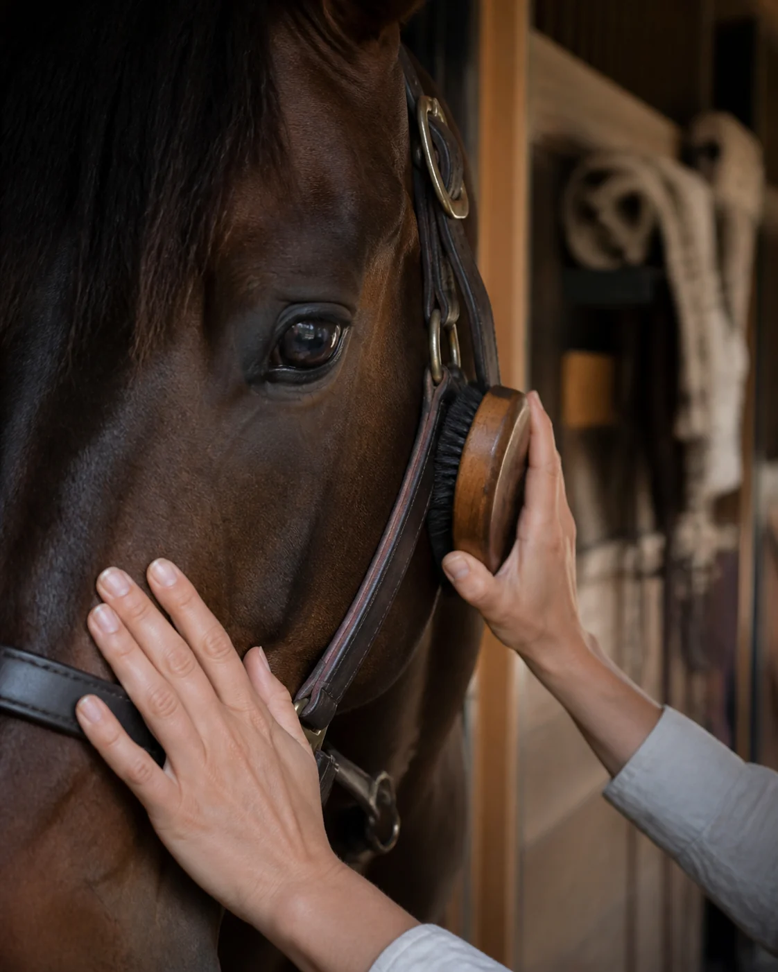 Des mains brossent doucement la tête d'un cheval
