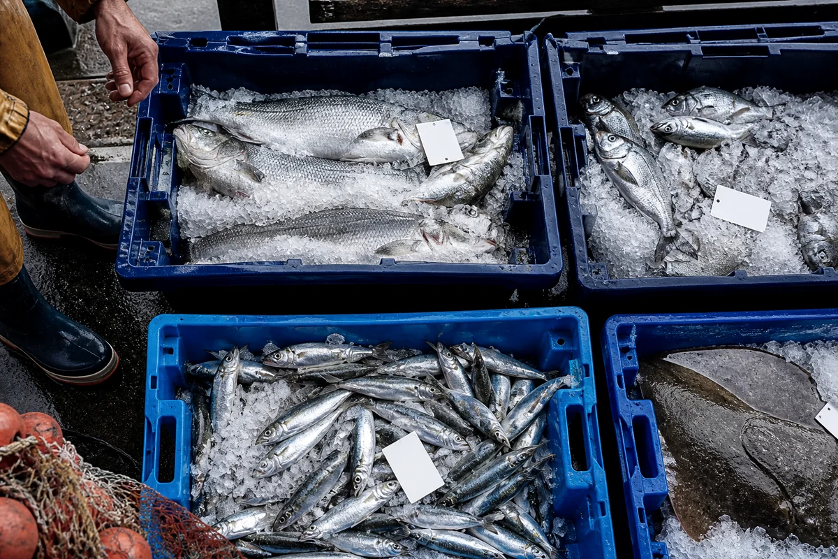 Caisses bleues remplies de poissons fraîchement livrés