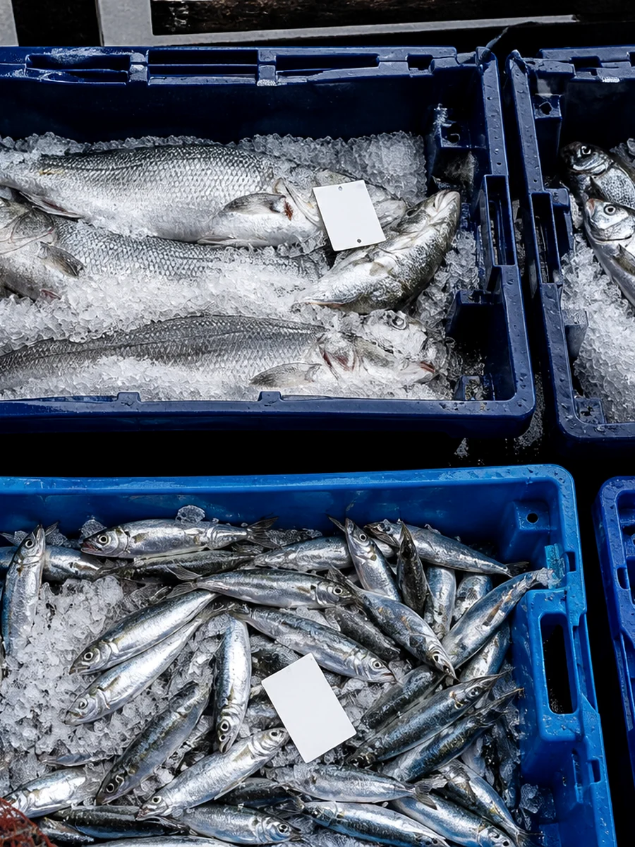 Arrivage de poissons dans des caisses bleues vu à la verticale