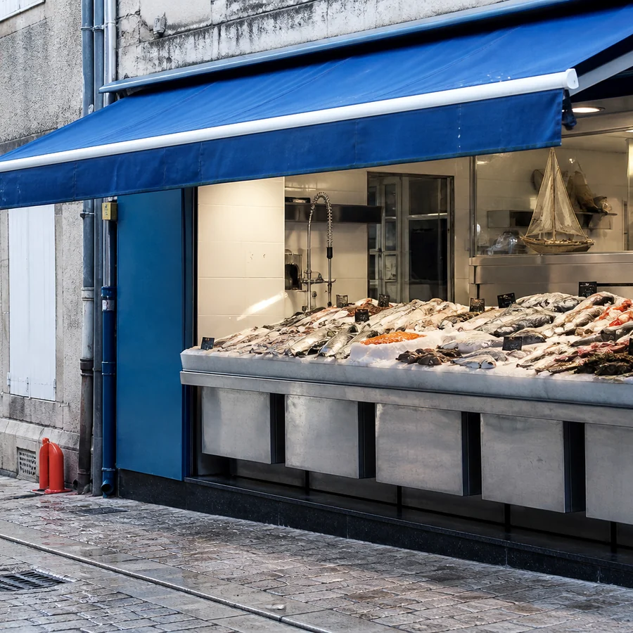 Façade bleue et sobre de la poissonnerie