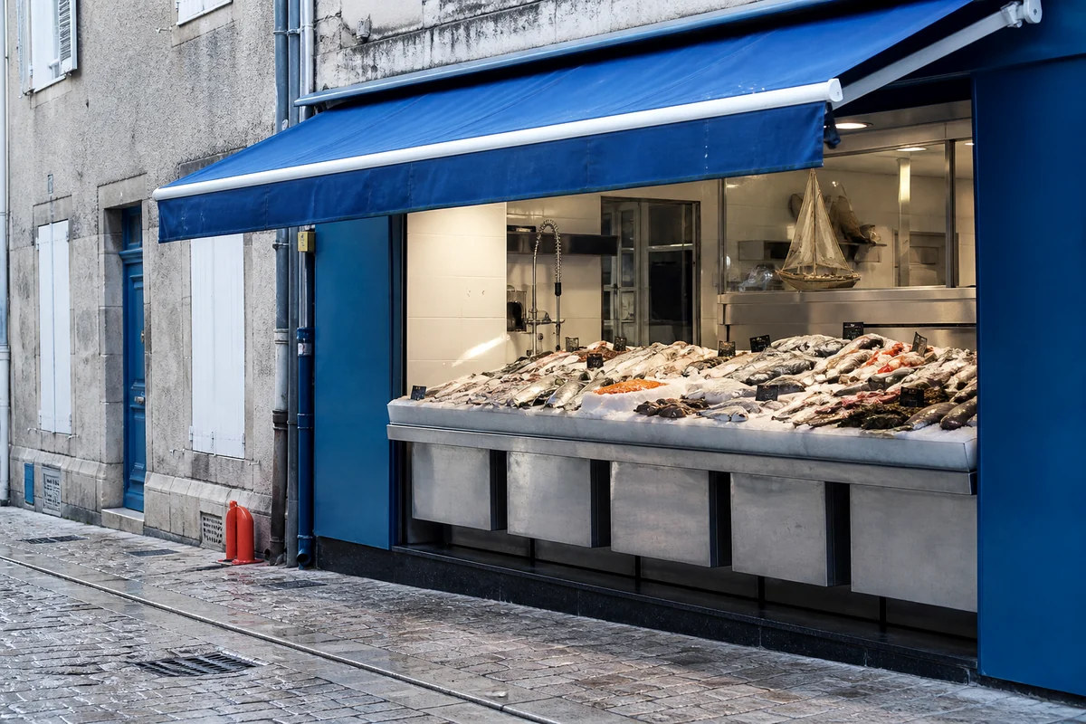 Façade bleue d'une poissonnerie de quartier à La Rochelle