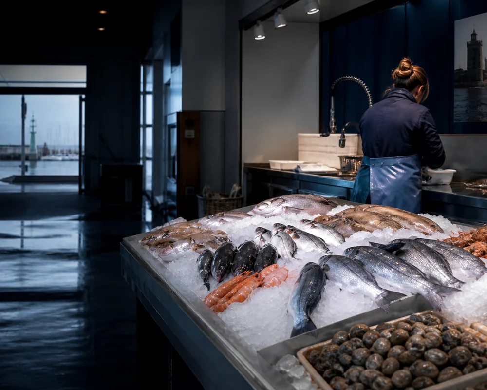 Étal de poissons et coquillages sur glace dans la boutique Maison Estran