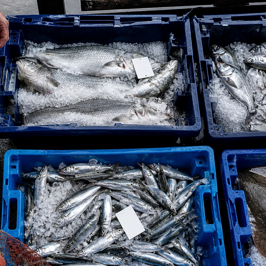 Caisses bleues remplies de poissons sur glace