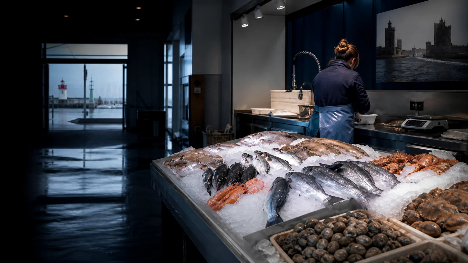 Étal de la poissonnerie Maison Estran à l'ouverture