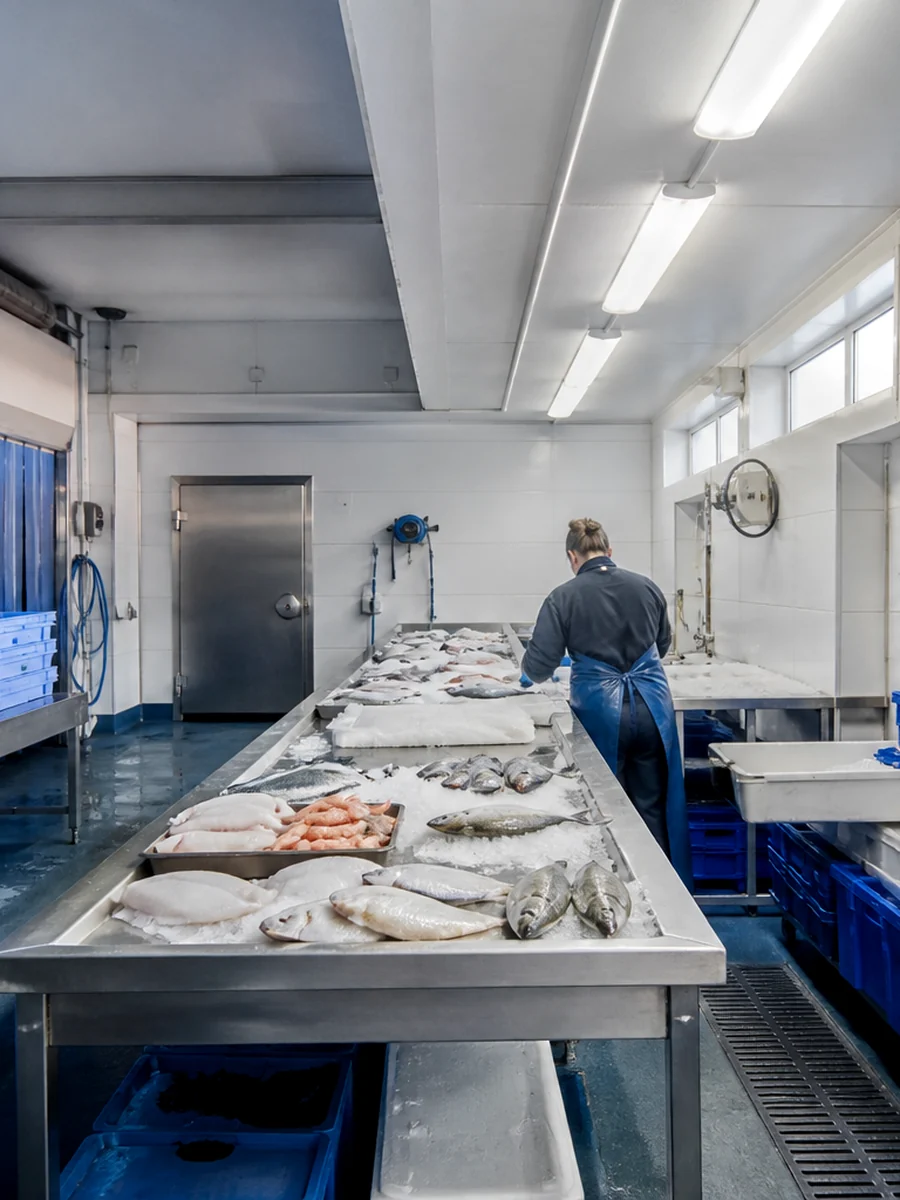 Laboratoire inox et bacs bleus de la poissonnerie