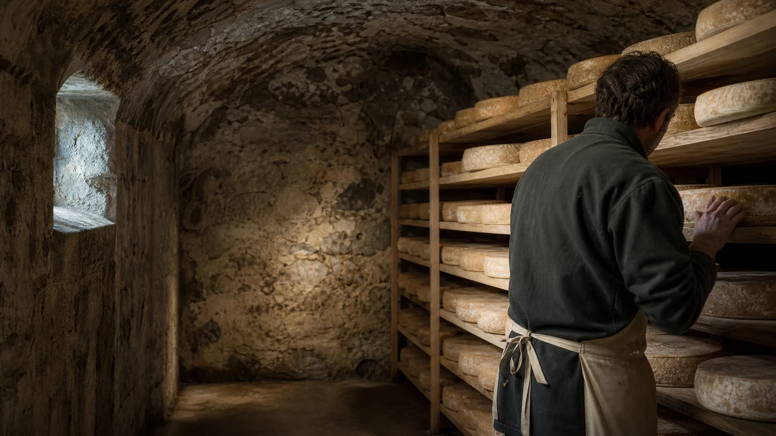 Fromager contrôlant une meule dans la cave d’affinage