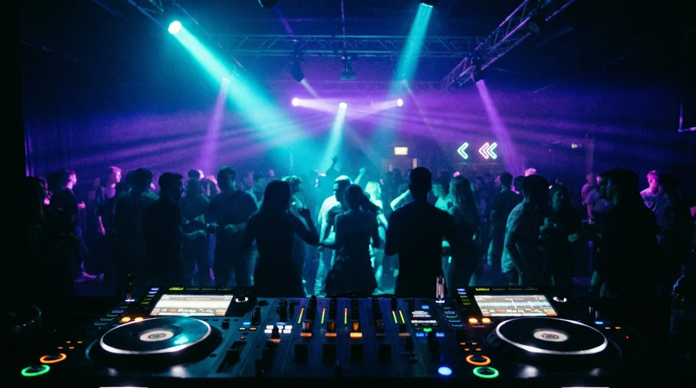 Régie DJ MINUIT CINQ face au dancefloor, lasers cyan et violet